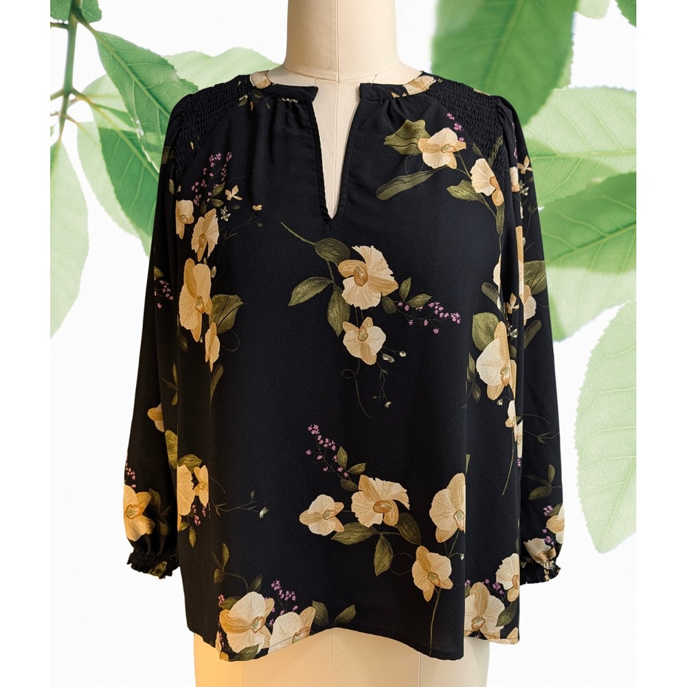 Ava & Viv Womens 1X Black Yellow Floral Split Neck Smocked Balloon Sleeve Blouse